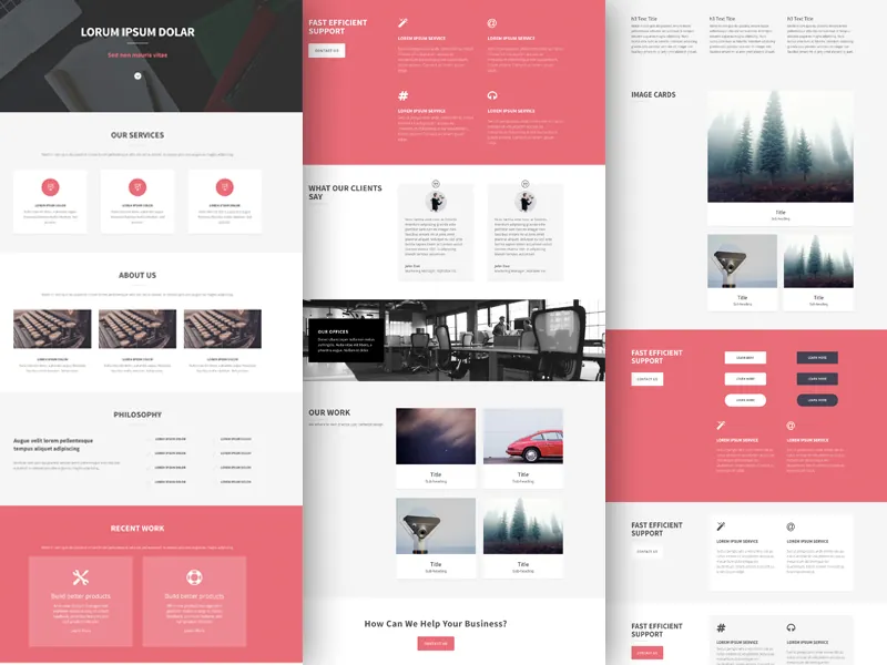 Three long Divi page layouts side by side, with services, testimonials, portfolio and image card sections