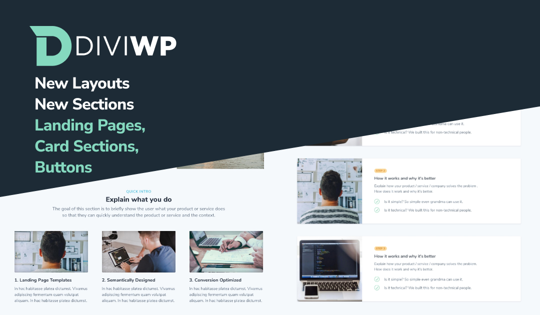New Layouts and Sections: 10 Landing Page Layouts, 45 Card Sections and over 400 Buttons!
