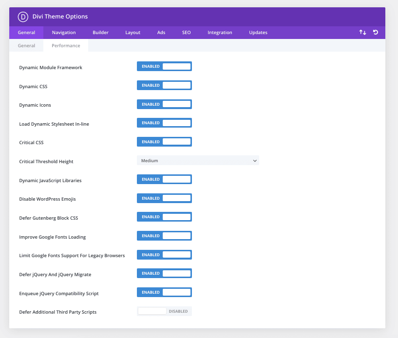 Divi 4.10+ Performance Settings