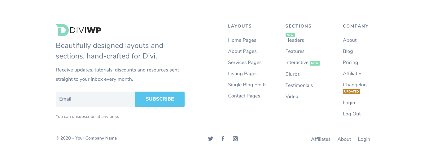 Footer Sections 1,2,9,10,11 and 12 include an Optin Form Module