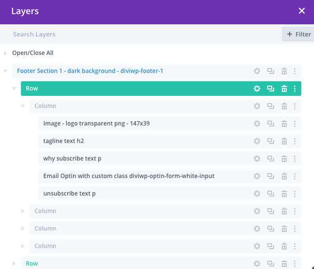 Using Footer Section1 as an example, and accessing the Layers View, you can see the Custom CSS module which is targeting the…