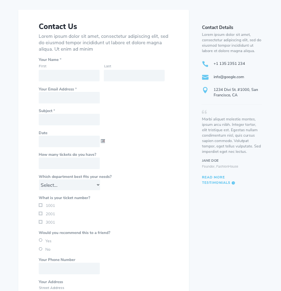 This form includes a range of input field types such as radio buttons, checkboxes, drop-down fields and input texts