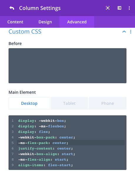 Back to the example above, if we click on the Settings → Advanced → Custom CSS editor, here's what we'd see