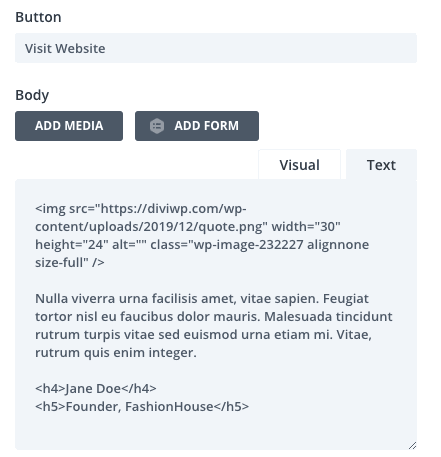 The Slide description includes a quote icon graphic uploaded to the body WYSIWYG editor and uses h4 and h5 tags for the name…