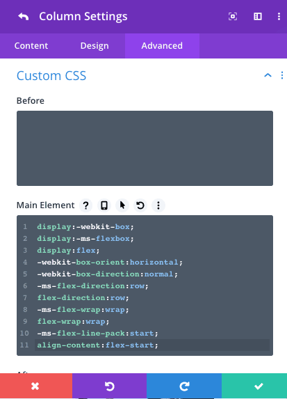Back to the example above, if we click on the Settings → Advanced → Custom CSS editor, here's what we'd see