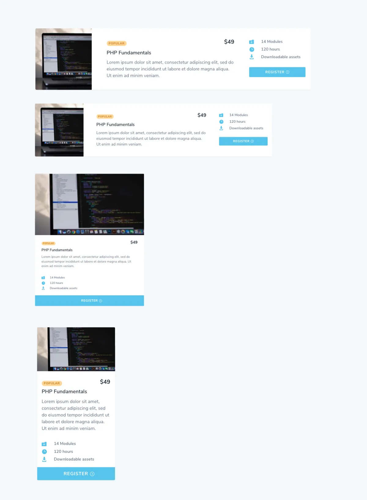 Here's the result of the design at various breakpoints with the CSS applied
