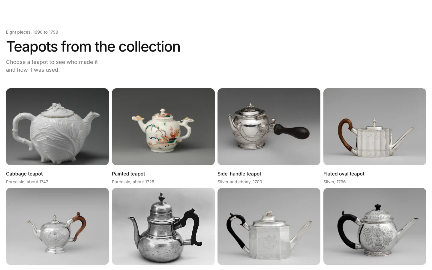 A grid of eight teapot photos with captions
